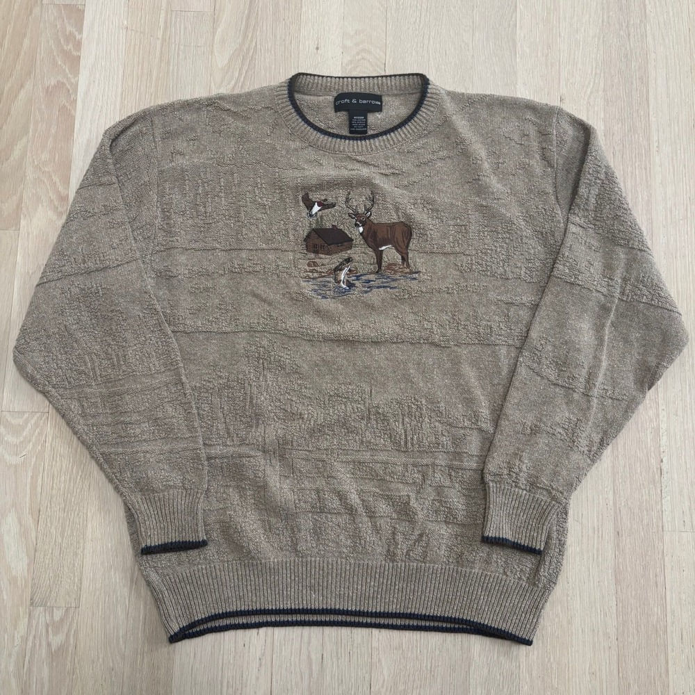 Croft & Barrow Sweater Mens Medium Tan Excellent Wildlife Embroidery Cabin Knit
